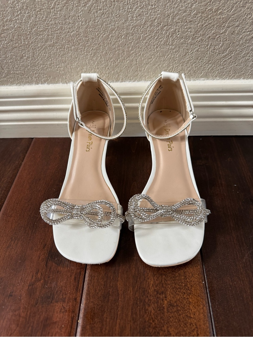 White Ankle-Strap Heels with Rhinestone Knot
